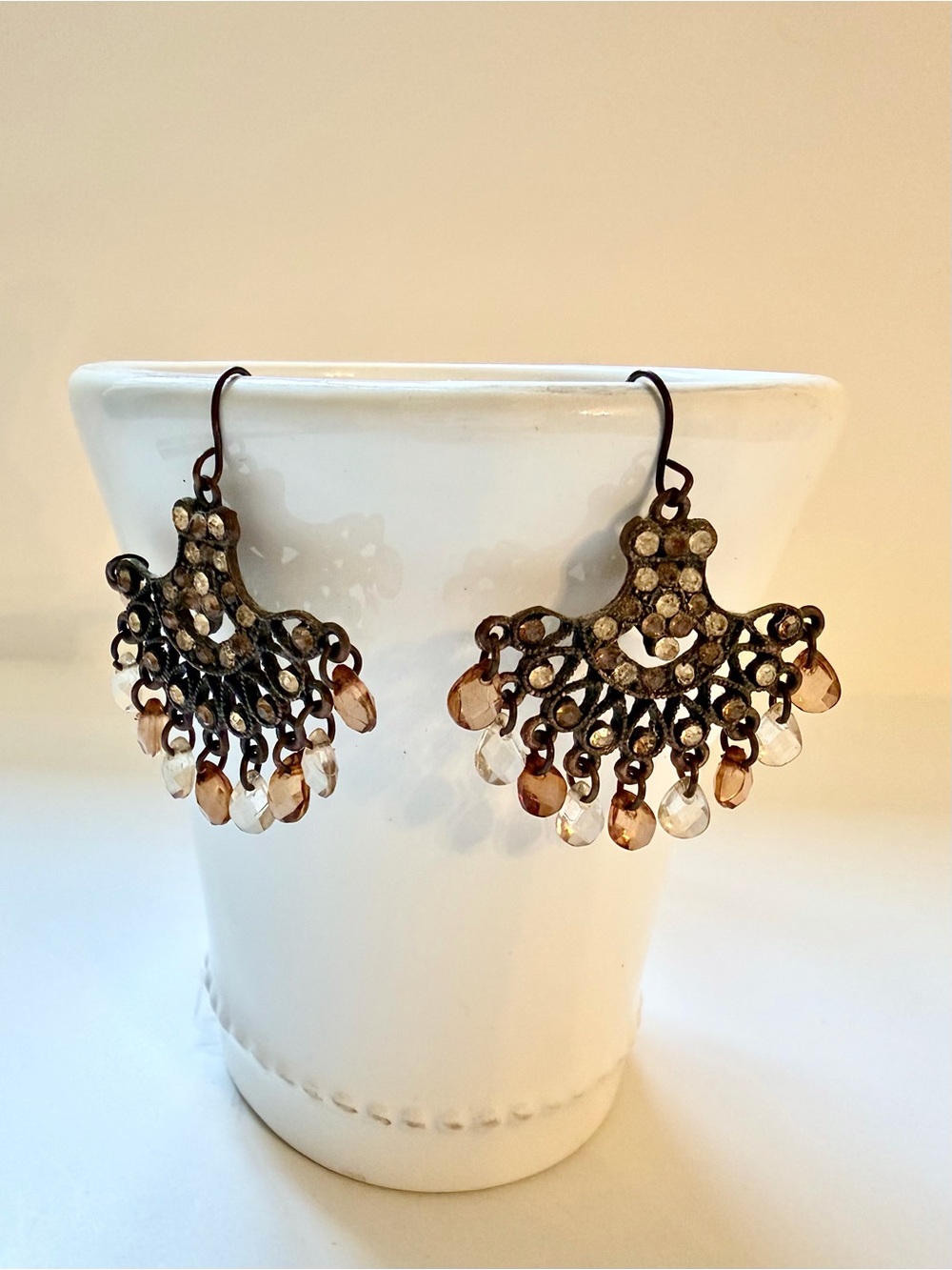 Antiqued Bronze Chandelier Earrings Rhinestone Crystal Beaded Boho Dangle